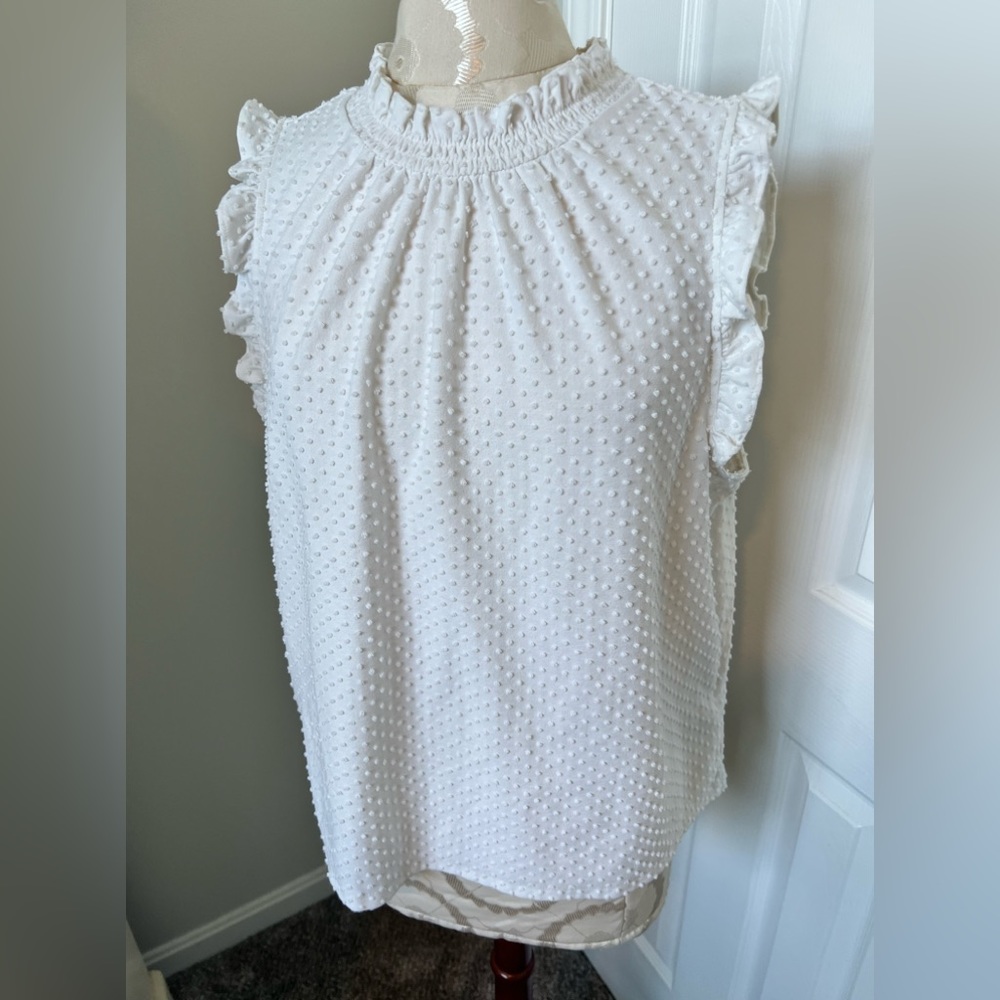 J. Crew White Swiss Dot Ruffle Sleeveless Top